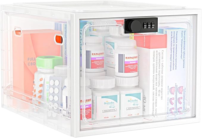 Large Medication Lock Box with Code, Clear Lockable Storage Box for Refrigerator, Cabinet & Dorm, Stackable Medicine Box for Prescriptions, Snacks, Phone, 11.9" x 9.3" x 7.6", White