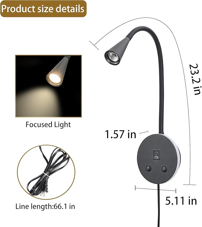 Black Headboard Reading Light with Nightlight, 2 Pack Wall Mounted Reading Lights with Switch, Plug-in Hardwired Reading Lamp for Bedtime Reading, Gooseneck Reading Sconces for Bedroom, Bedside