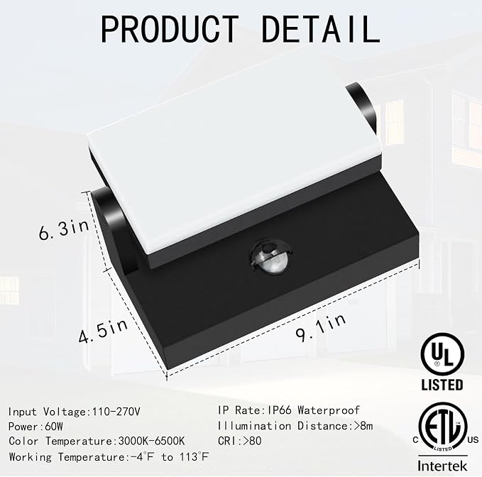 60W LED Motion Sensor Outdoor wall Light Fixtures,2 Pack | 3CCT,Flood Light,5000 Lumen,360°Adjustable Head,IP65 Waterproof,Commercial Security Lighting for House,Garage,Barn,Proch