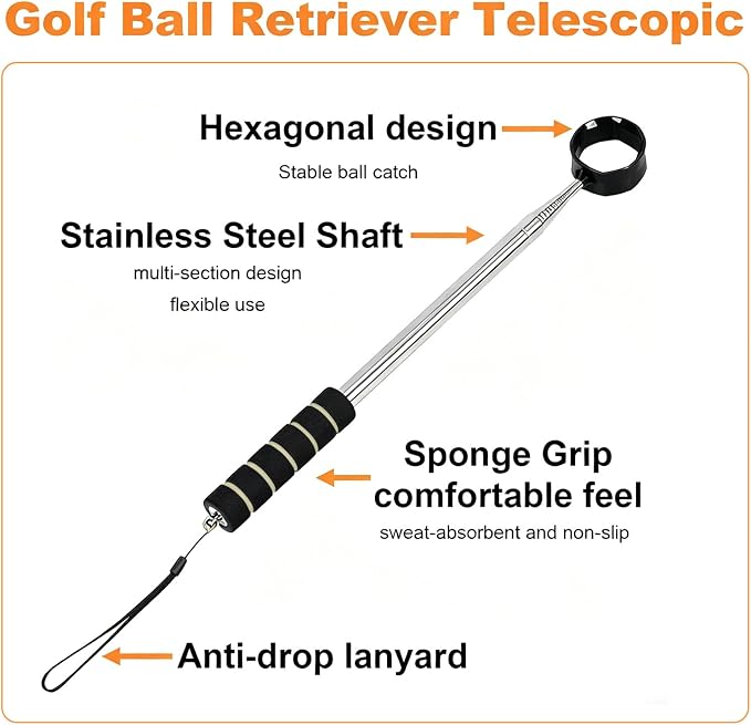 Golf Ball Retriever Telescopic, 9Ft Golf Ball Retriever for Water, Professiona Stainless Steel Ball Retriever Tool Golf, Light Weight Double Sided Golf Ball Grabber, Golf Accessories Gifts
