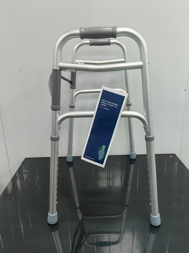 HEALTHLINE Walker Folding Deluxe 2 Button Without Wheels, Lightweight Foldable Mobility Walker No Wheels for Adult Seniors Disabled, Adjustable Height for Short, Average and Tall People