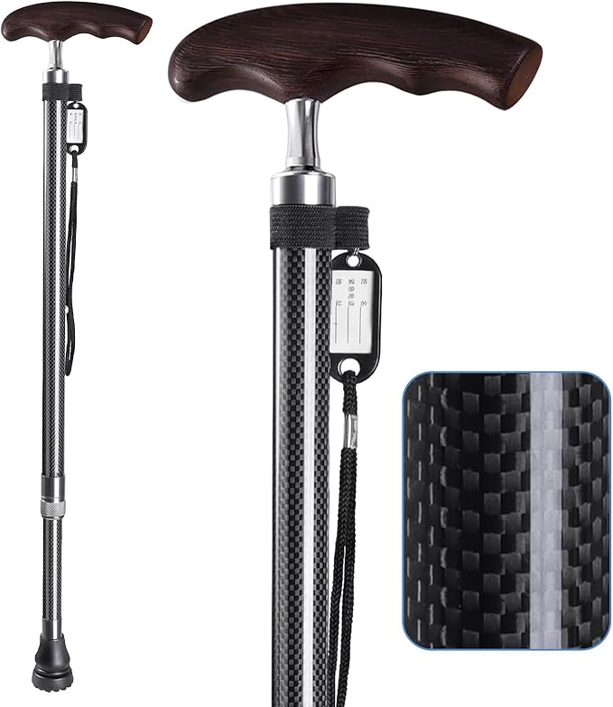 SILAIDESI Adjustable Carbon Fiber Walking Cane with Wooden Handle - Lightweight Mobility Aid for Men & Women, Ideal for Seniors and Injury Recovery (Black)