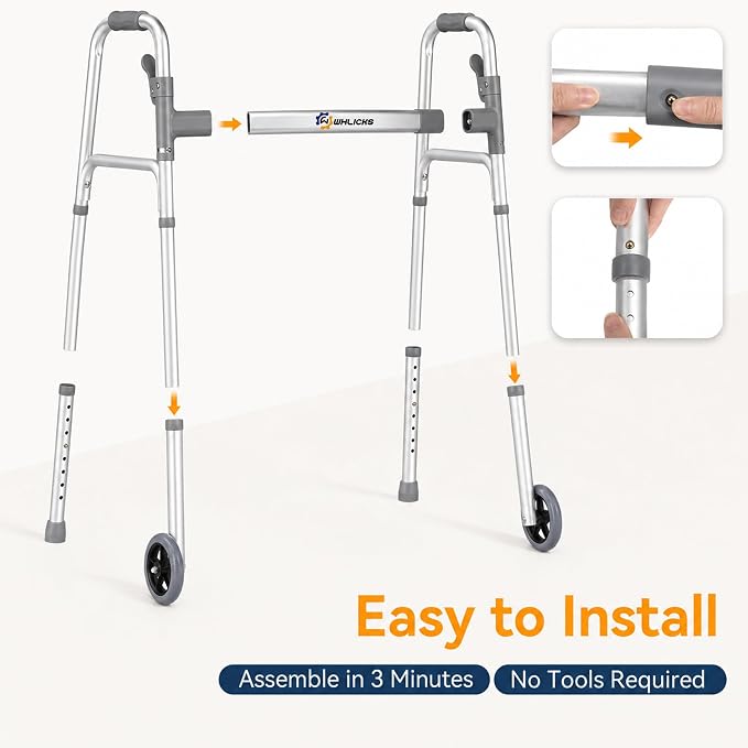 WHLICKS Standard Walkers for Seniors with 2 Skis and 5" Wheels | Folding Walker with 8 Height Adjustment, Lightweight Aluminum Frame, Easy to Assemble and Storage, Supports 300 lbs