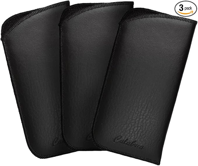 Calabria Slim Faux Leather Eyeglass Case Soft Slip-In Design [Black without Clip - 3 Pack] | Compact Protective Pouch | Soft Case for Glasses | Lightweight Sunglass Storage