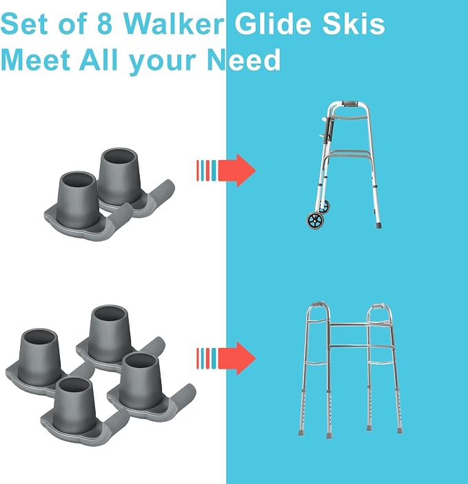 Dotday Walker Skis Glides 8 Pack, Universal Walker Accessories for Seniors | Walker Glides for Folding Walker, Durable Easy-Glide Mobility Aid, Walker Feet Replacement, Universal 1-1/8 inch, Gray