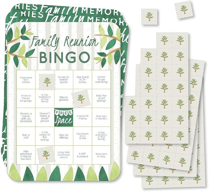 Big Dot of Happiness Family Tree Reunion Bingo Game - Find Someone Game with 18 Cards and Markers, Family Gathering Ice Breaker Activity, Perfect for Large Groups