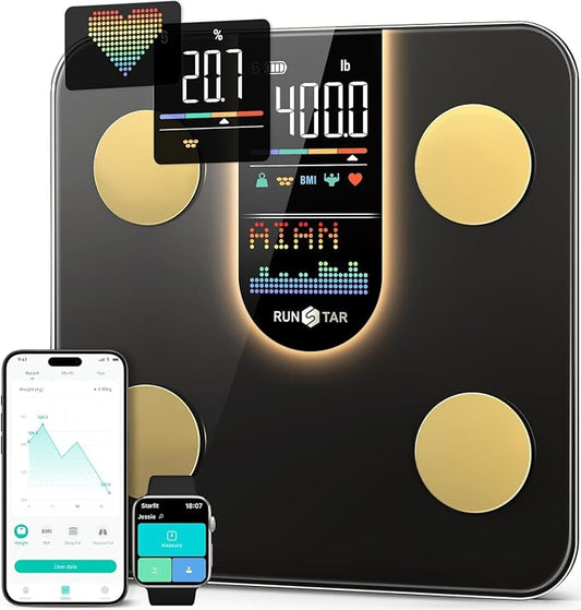 RunStar Scale for Body Weight, Smart Scale with 8-in-1 VA Display, High Precision Bathroom Digital Scale for Body Weight Heart Rate BMI Body Fat 22 Body Composition Sync APP, FSA&HSA Eligible