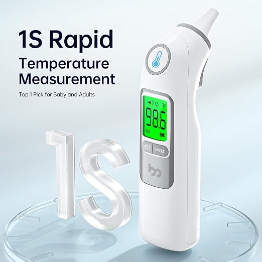 Femometer Family Ear Thermometer for Adults and Kids, Gray | 1s Fast Accurate Reading, 30-Memory Recall, 3-Color Fever Alert, ℃/℉ Switchable, Silent Mode, with 24 Disposable Probe Covers