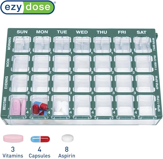 EZY DOSE Pill Organizer Weekly (7-Day), Medicine Planner, Vitamin Box, Small Compartments with Easy Fill Tray Case, 4 Times a Day, Clear Lids, Easy to Use Containers, Green, BPA Free
