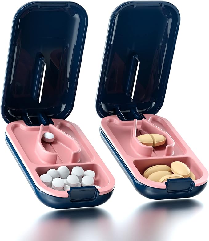 DUBSTAR 2Pack Pill Cutter and Splitter, Cuts Vitamins and Tablets, Portable Pill Crusher for Purse Pocket - Blue