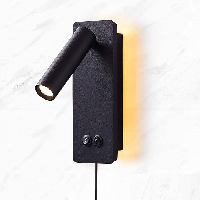 LED Reading Wall Lights for Bedroom, Backlight Night Wall Lamp, Plug in Cord Adjustable Wall Sconces, Book Reading Lamps, Backlight 3W+12W 3000k Warm Wall Light (Black)