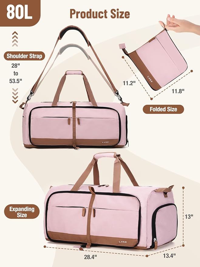 Lekesky Foldable Travel Duffel Bag for Women, 80L Large Duffle Bag with Separate Shoes Compartments & Straps, Carry On Weekend Bag for Women, Hospital, Overnight(Pink)