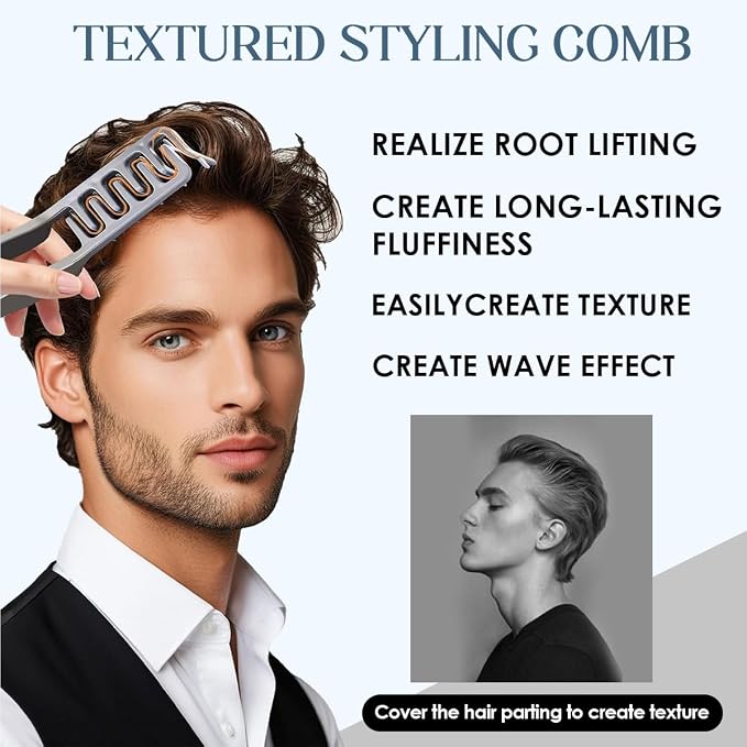 Volumizing Texture Comb for Men, Wide-Tooth Hair Styling Tool for Root Lift & Fluffy Hair, Dual-Purpose Non-Slip ABS Plastic Barber Comb - Grey