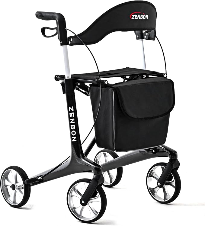 Rollator Walker for Seniors/Adults Foldable Rolling Walker with Seat 440 lbs Capacity 4 Big 7.9 inch Wheels Hand Grips Adjustable Height Lightweight Carbon Fiber Walker Removable Back Support