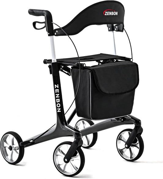 Rollator Walker for Seniors/Adults Foldable Rolling Walker with Seat 440 lbs Capacity 4 Big 7.9 inch Wheels Hand Grips Adjustable Height Lightweight Carbon Fiber Walker Removable Back Support