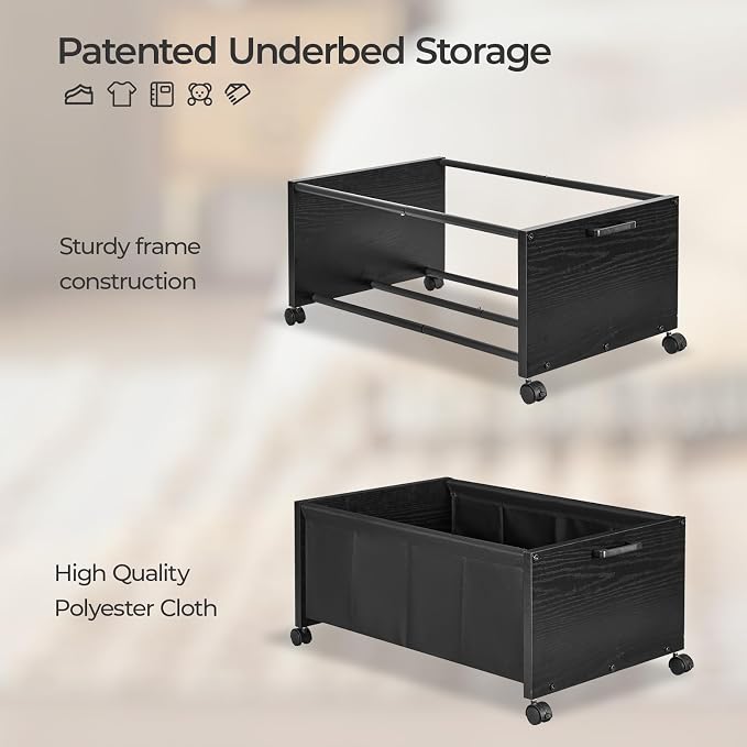 FOUCSSOMEI Under Bed Storage with Wheels, Wooden Under Bed Drawers On Wheels, Rolling Under Bed Shoe Storage, Space Saving, Black,70L