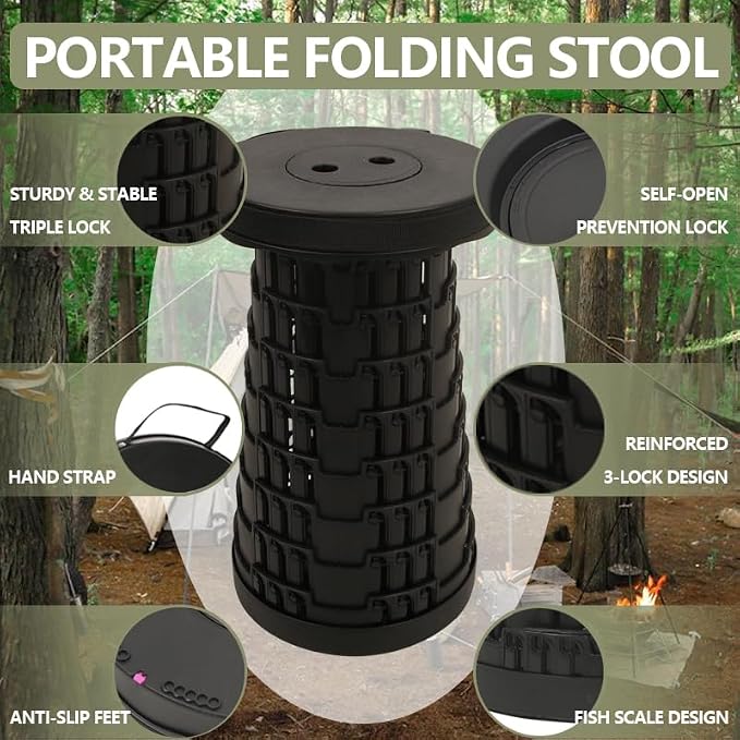 JAEMEYEM Upgraded Collapsible Stool Chair, Folding Stool, Lightweight, Sturdy, Adjustable, Portable, Foldable Seat Stools for Outdoor Camping Fishing Hiking BBQ