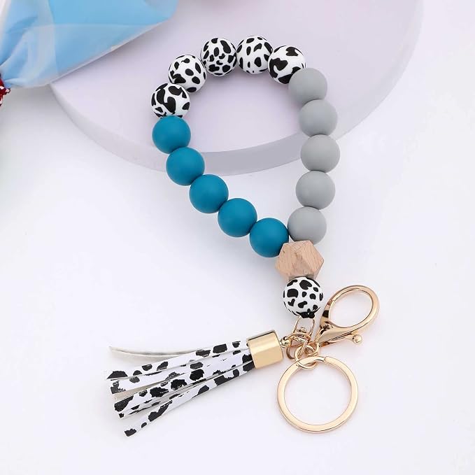 BAOSIWA Silicone Key Ring Bracelet Wristlet Keychain Unique Beaded Bangle Key Chains for Women with Leather Tassel