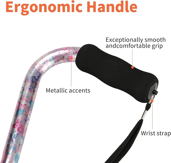 Floral Canes for Women Folding Cane for Stability with Non-Slip Base, Adjustable Walking Cane for Seniors - Lightweight Collapsible Walking Sticks with T & Offset Handle