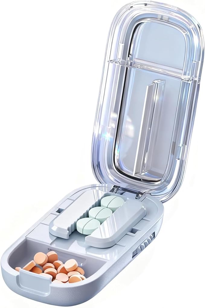 Pill Cutter Splitter for Small and Tiny Pills, Adjustable Pill Cutter and Splitter for Multiple Pills, Portable 1/2 1/4 Splitter Popper, Accurate Centering Alignment Device (Blue, 1/2 + 1/4)