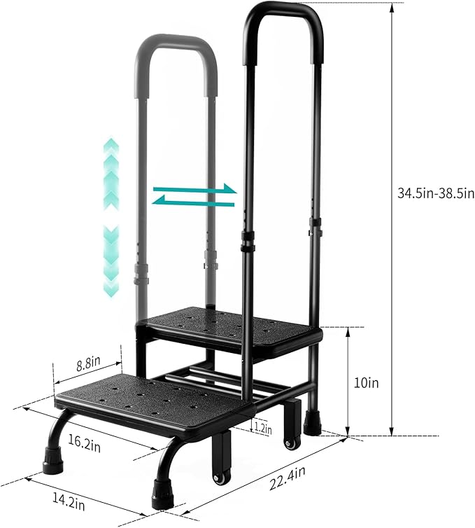 NOVII Step Stool with Wheels and Storage Bag for Elderly, 2 Step Stool with Handle,Adjustable Bed Steps for High Beds for Adults,Portable Footstool for Bedroom, Kitchen, Bathroom（Black）