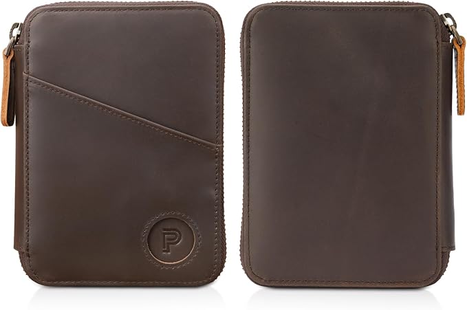 Polare Leather Pilot Wallet Passport Holder RFID Blocking Tri-fold Travel Cover Document Organizer for Aviation Professionals (Dark Brown(YKK Zipper with AirTag Slot))