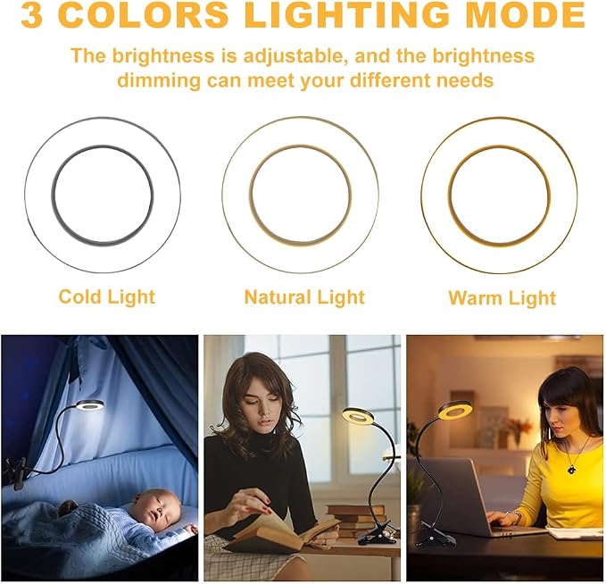 5X Magnifying Glass with Light, 3 Color Modes LED Lighted Desk Lamp, USB Powered Magnifier Lamp with Metal Clamp, Flexible Gooseneck Magnifier for Bed Work Crafts DIY Repair(Black)