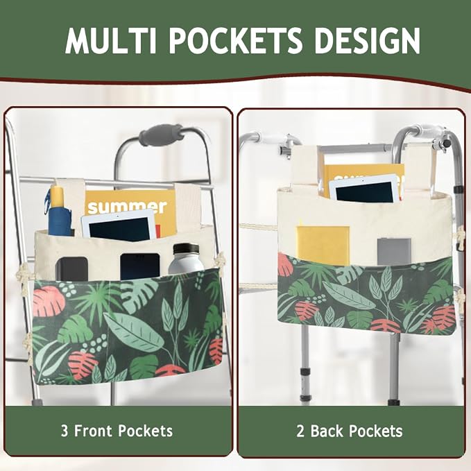 Walker Bag, Washable Walker Accessories Storage Bags with Cup Holder, Handy Walker Basket Pouch Tote Bag for Folding Walker, Wheelchairs, Strollers (Green Seaweed)