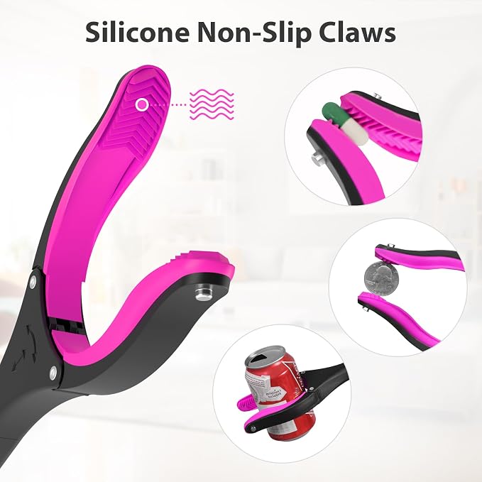 32" Foldable Grabber Reacher Pickup Tool for Seniors, Pink | 360° Rotating Jaw, Magnetic Tip, Long Hand Grip Pickup Tool, Silicone Non-Slip Claws, Indoor & Outdoor