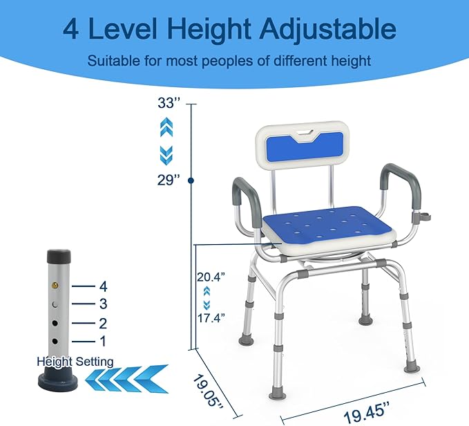360 ° Swivel Shower Chair,Portable Rotating Shower Seat with Padded Armrests and Backrest, Adjustable Bathtub Height Seat,Support 400lbs