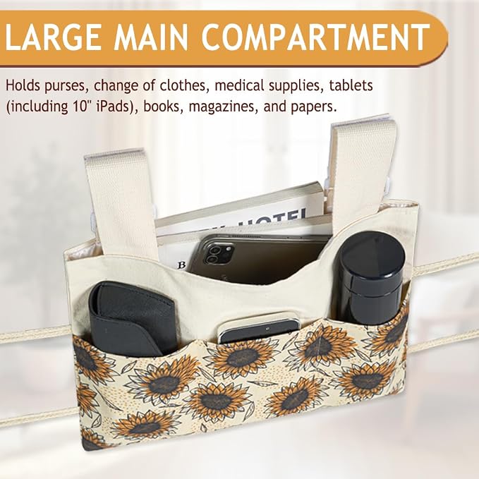 Walker Bag, Washable Walker Accessories Storage Bags with Cup Holder, Handy Walker Basket Pouch Tote Bag for Folding Walker, Wheelchairs, Strollers (Yellow Sunflower)