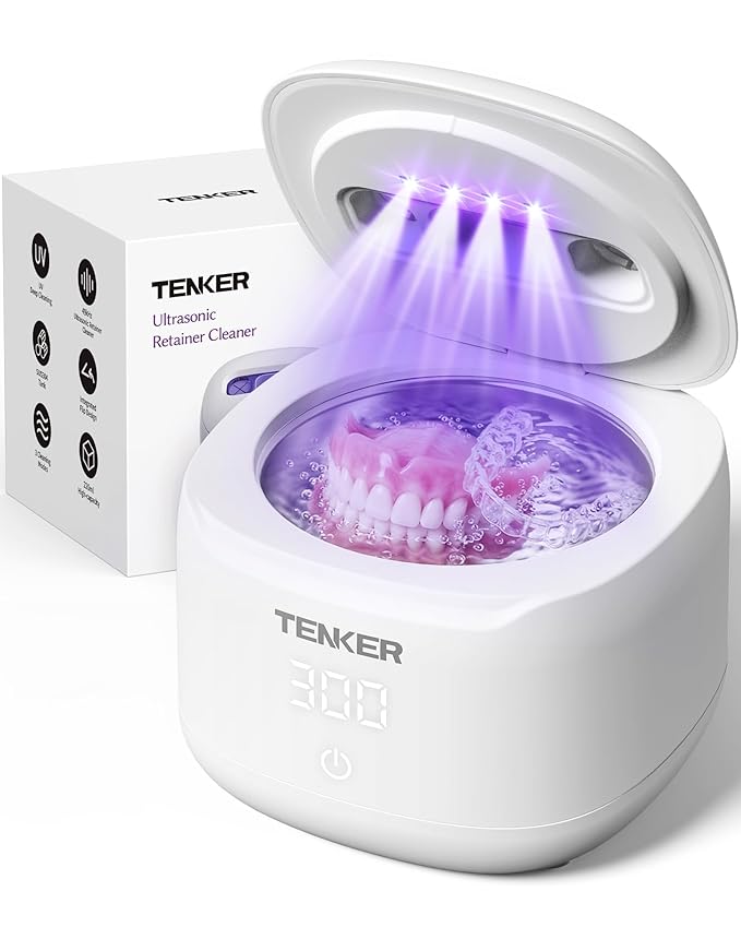 Ultrasonic Retainer Cleaner Machine, 49kHz Dental Cleaning Pod for Night Guards, Mouth Guards, Aligner, Braces, Toothbrush, Jewelry, Dentures, Ultrasonic Cleaner for Oral Dental Care, 220ML, White