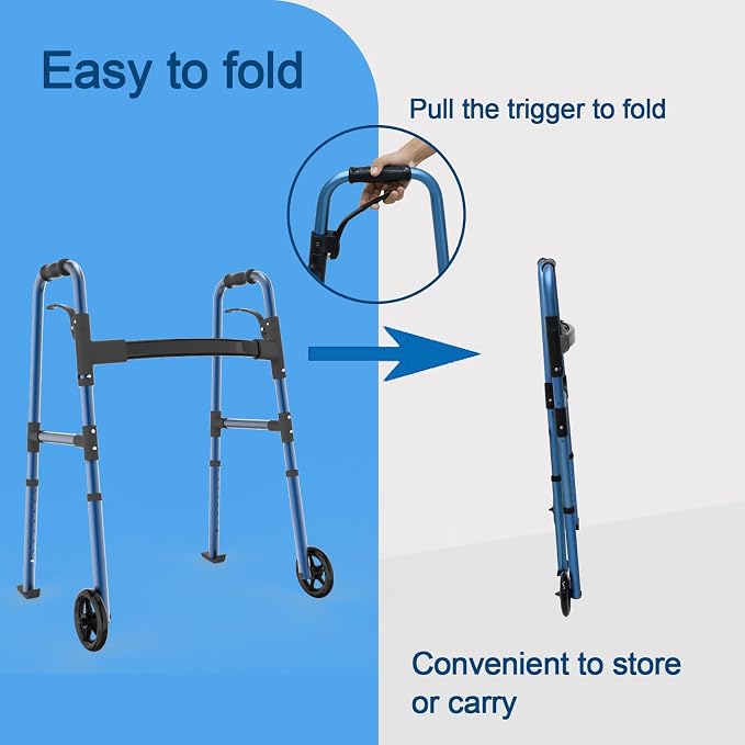 Loyoda Folding Walker for Seniors, Lightweight Aluminum Standard Walker | Trigger Release Foldable, 5" Front Wheels, Height Adjustable, Storage Bag, Ski Glides, Blue