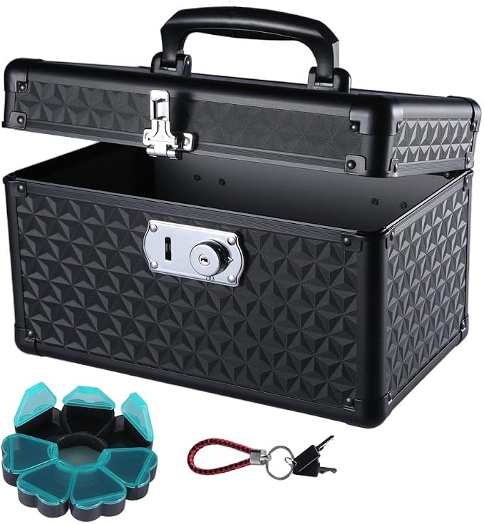 Lockable Medicine Storage Box w/Keys Black Medium 11.22x7.28x7.68 | Locked Medication Storage Bin, Portable Aluminum Case for Home, Bedroom, College Dorm & Apartment Privacy