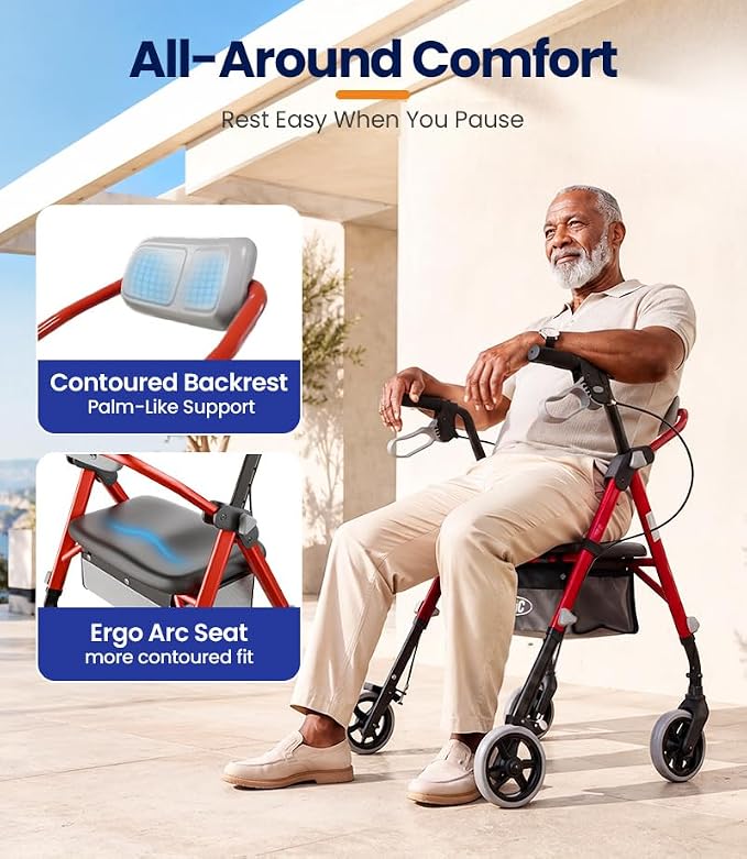 VOCIC Z11 Rollator Walkers for Seniors with Seat, 500 LBS Load, Ultra Wide | High-capacity support, 23" wide frame, ergonomic seat, dual brakes, and slim fold for home, shopping & daily walks, Red