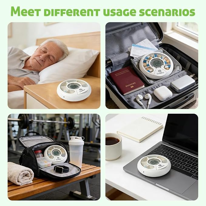 Bluetooth Auto Weekly Pill Organizer with App Alerts & Alarm, Travel Medicine Pill Dispenser with Clear Lid & LCD, Tracks Adherence History, Large Compartment for Vitamins, Supplements, Prescriptions