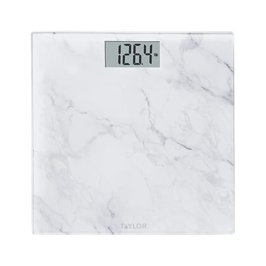 Taylor Digital Bathroom Scale for Body Weight, Glass Platform with Marble Design, 400 lb Capacity, Large Easy-Read Display, Precise Weight Tracking