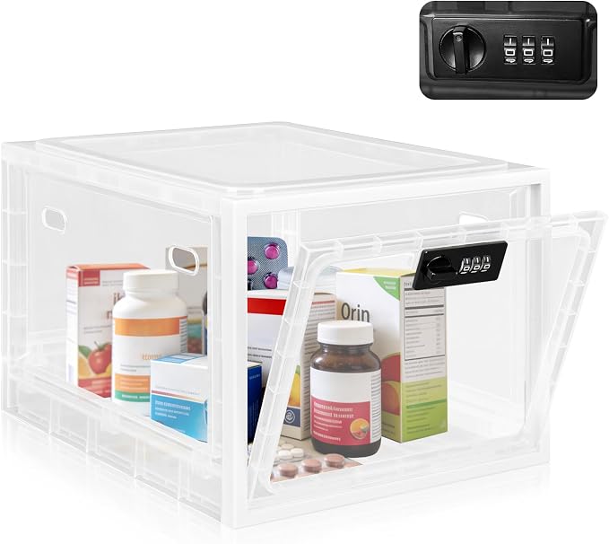 Medicine Lock Box with Code, Medium Size Clear Lock Box for Medication, Large Capacity Lockable Bin for Snacks, Phone, Tablet, Ideal for Fridge, Office, Dorm, Home