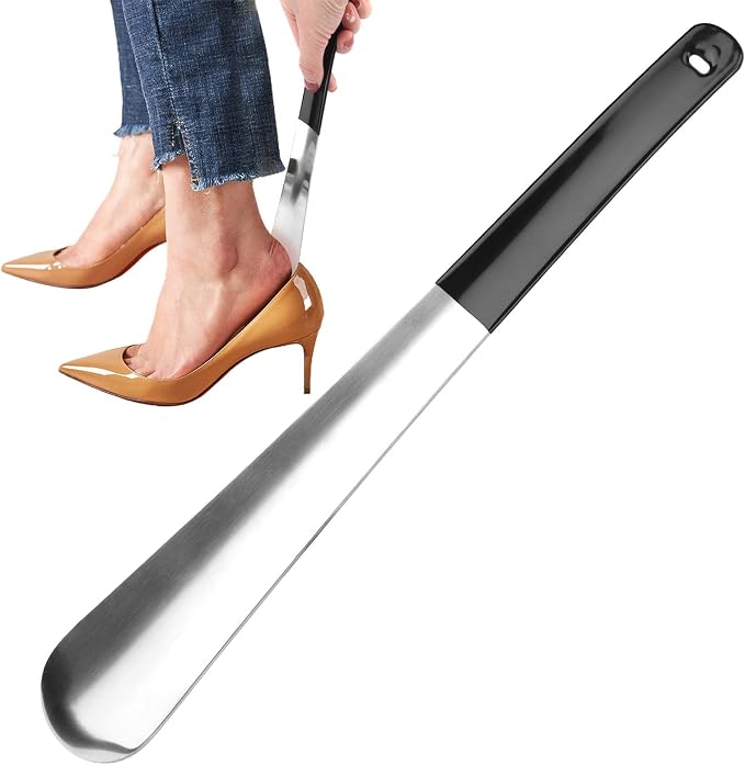 Xiaokeis Shoe Horn Long 12 Inch, Premium Stainless Steel Shoehorn, Shoe Helper for Seniors,Long Handle Shoe Horns for Men or Woman, Metal Shoe Horn for Handicap, Elderly Senior, Pregnancy(Black)