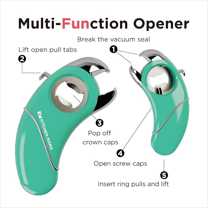 Kitchen Mama Epic One Multifunction Opener: Magnetic Bottle Opener, Beer Soda Opener, Effortless Jar Lid Opener for Seniors and Elderly with weak Hands and Arthritis, Essential Kitchen Gadget (Teal)
