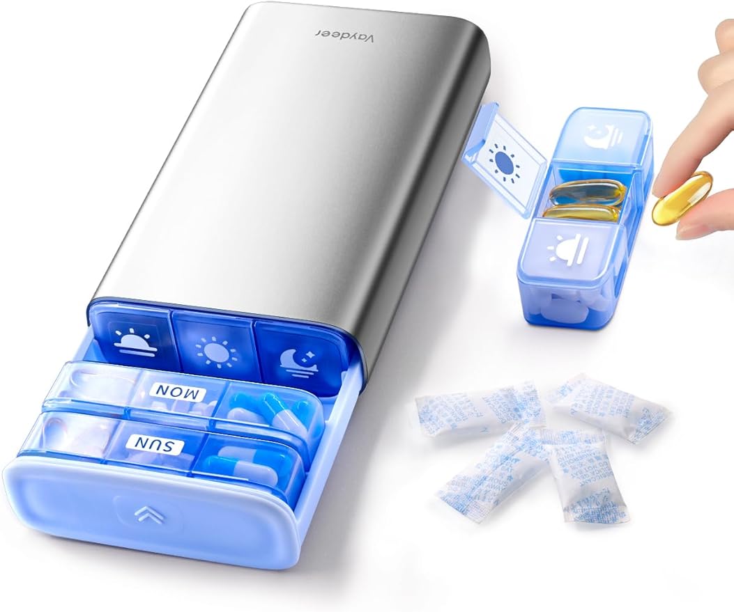 7 Day Weekly Pill Organizer, Metal Travel Pill Case, Large Capacity Daily Cute Pill Box for Supplements, Pills, Vitamins and Medication-1