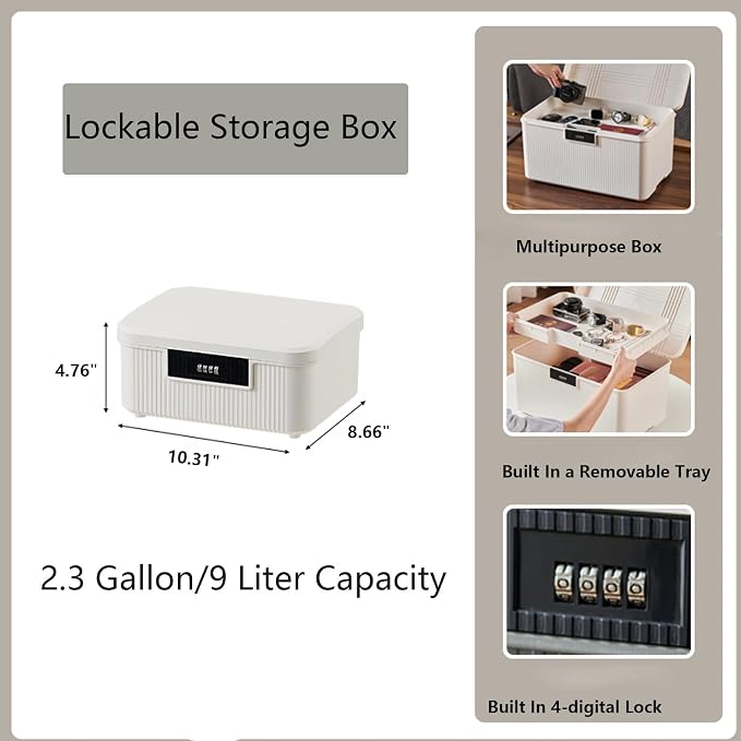 Lockable Storage Box – 2.5 Gallon Medicine Secure First Aid Organizer Box Safe w/Adjustable Lock for Home/Office/Outdoor Travel (White)