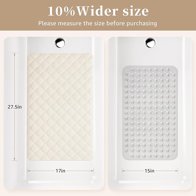 Yolife Bathtub Shower Mat Non Slip, Natural Rubber Bath Tub Floor Liner Mats with Strong Suction Cups for Inside Shower Bathroom, Machine Washable, Soft on Feet, 27.5 x 17 Inch, Beige