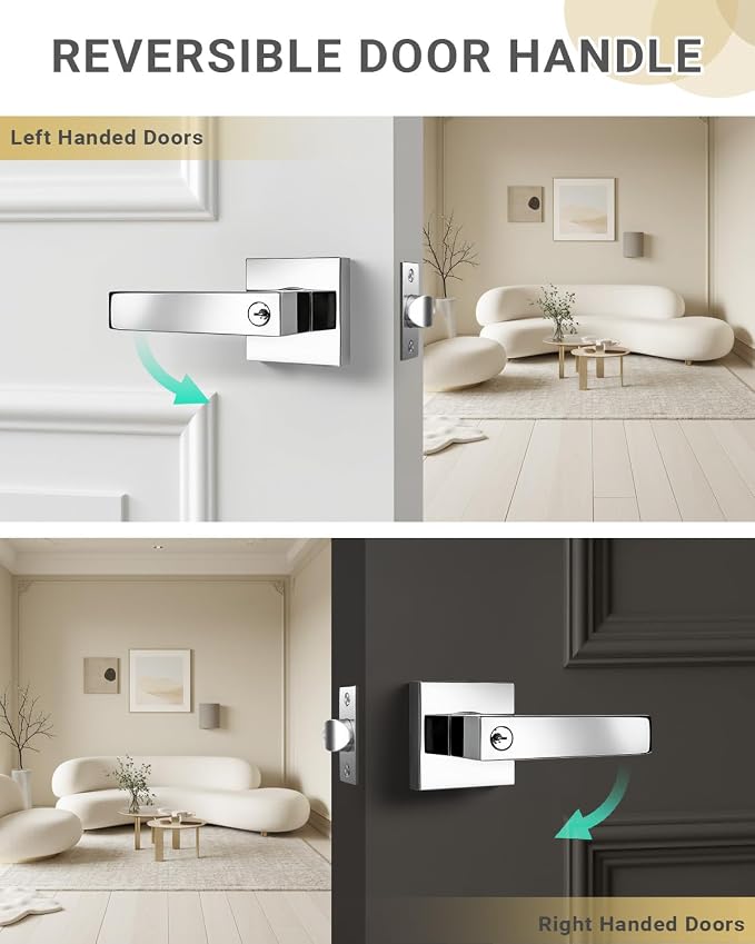 KNOBWELL 3 Pack Door Knob with Lock and Key Front Doot Handle with Lock Polished Chrome Modern Square Leverset