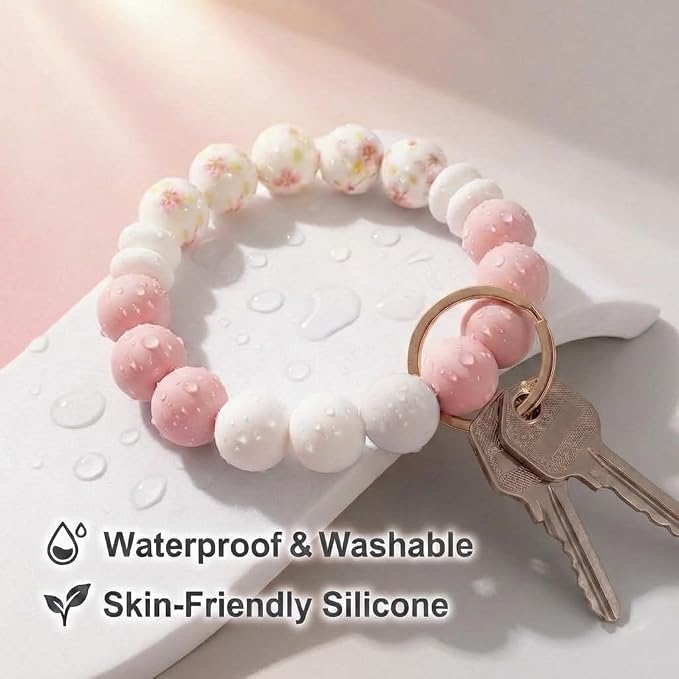 BIHRTC Key Ring Bracelet Car Keychain Holder Wristlet Silicone Women Beaded Bangle Chains