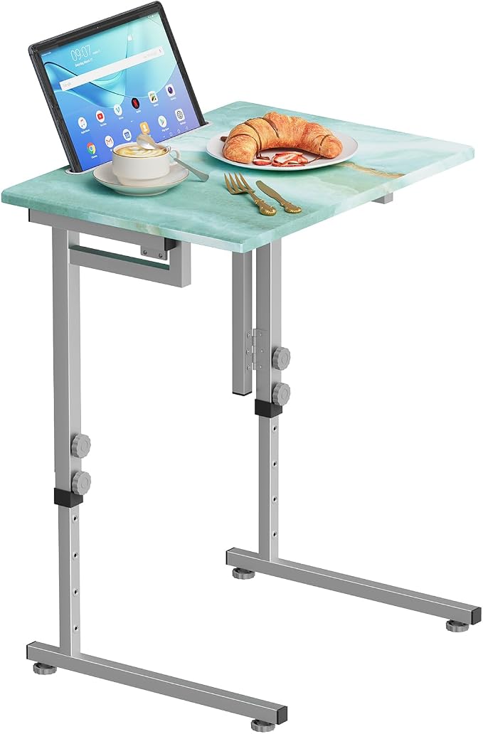 Folding Tv Tray Table,6 Height Adjustable Dinner Snack Slide Under Couch Side Table, Portable Foldable C-Shaped End Table for Eating with Sturdy MDF Top,No Assembly(Sea Blue+Silver)