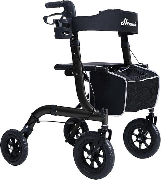 Rollator Walker for Seniors, Lightweight Foldable All Terrain Rolling Walker with seat, Aluminum Walkers with 10 inch Rubber Wheels, Handles and Backrest for Seniors and Adult