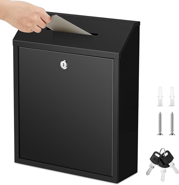 Yaocom Metal Money Box,Black,15 x 12 x 4 Inch,No Lid | Wall Mounted Drop Donation Cash Box for Farm Stand Collection Safe Suggestion Box with Lock Container for Home Office Outdoor