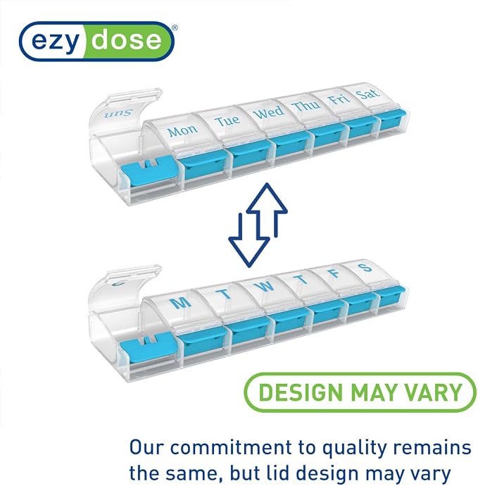 EZY DOSE Weekly (7-Day) AM/PM Daily Pill Organizer, Vitamin Case, and Medicine Container, X-Large Compartments, Arthritis Friendly, Convenient with Effortless Portability, Clear/Blue Lids, BPA Free