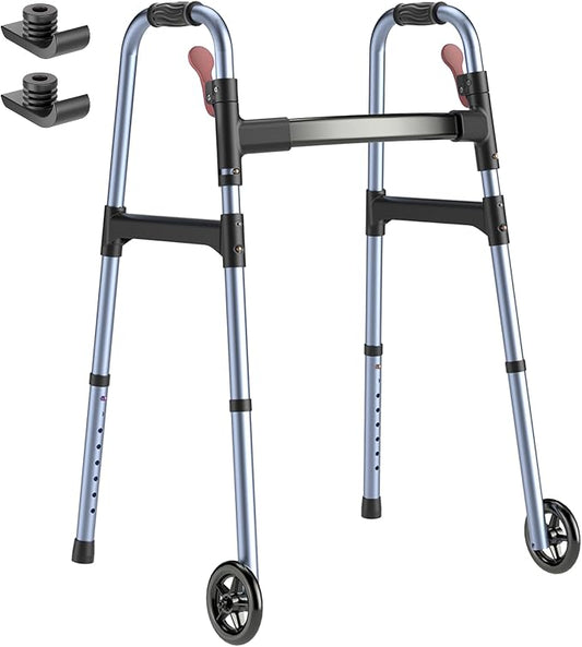 HOMLAND Standard Walkers for Seniors, 6.5lb Lightweight Foldable Walker | One-Hand Folding, 8 Height Adjustments, 350lb Capacity, Easy to Assemble, 2 Skis, 5" Wheels, Aluminum Frame, Ocean Blue